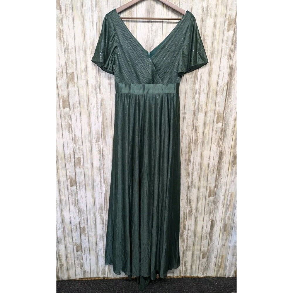 NWT Ever Pretty Green Glitter Evening Gown Flutter Sleeve Formal Dress Size 8